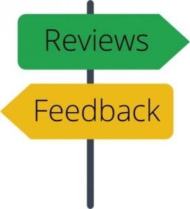 An image of a 'review' and 'feedback' roadsign